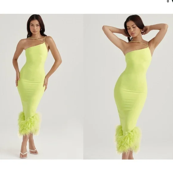 House of CB ‘Alessia’ Lime Feathered Midi Dress NWOT size XS‎ $299 - Picture 13 of 16